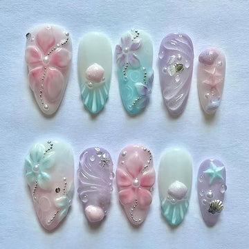 Daiiibabyyy  24pcs Wearable Fake Nails Pink Long Almond False Nail Flower Starfish Pattern Design Press on Nails Pearl Full Cover Nail Tips
